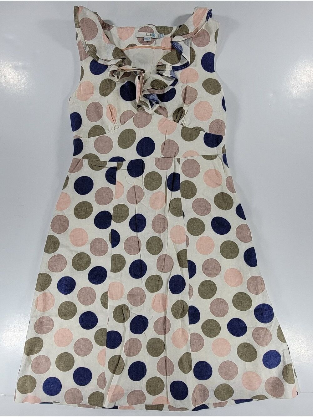 Boden Linen Polka Dot Ruffle V-Neck Midi Dress White Multi 4 R Lined Pockets